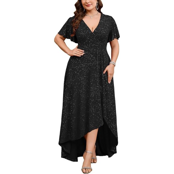 Dresses & Skirts - Women's Black Formal Maxi Dress Glitter V Neck High Low Hem Ruched Dresses